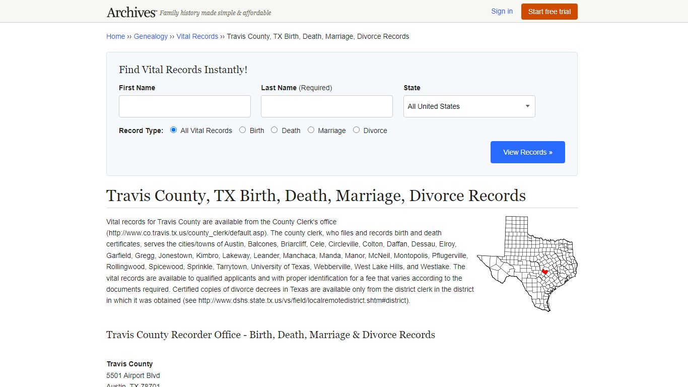 Travis County, TX Birth, Death, Marriage, Divorce Records - Archives.com